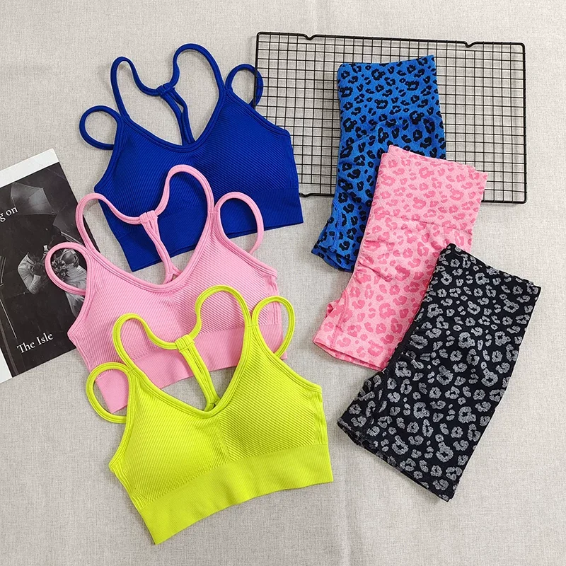 Women Leopard Print 2 Piece Workout Set High Waist Butt Lifting Shorts Back Design Slim Fitness Outfit Training Casual Wear