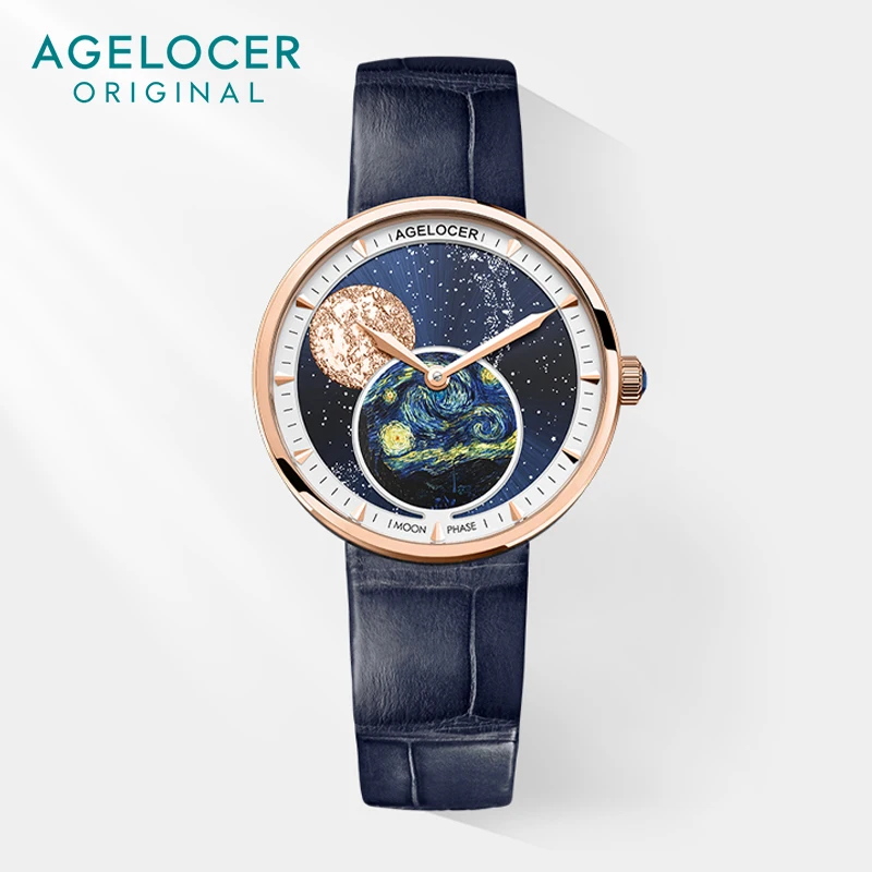 AGELOCER Brand Ladies Real Moonphase Watch Women Sapphire Waterproof Blue Leather Wrist Watches Moon phase Bracelet