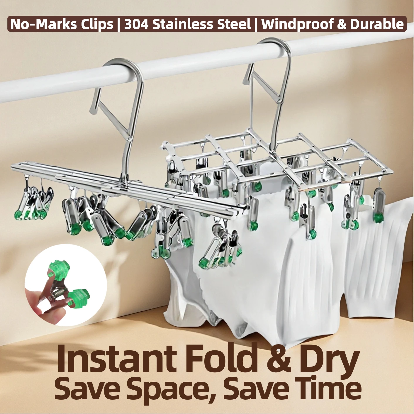 Classic Stainless Steel Drying Rack, Instant Folding, Traceless, Windproof, Multi-Clip, Balcony Rotating Clothes Hanger, Extra Thick, Heavy-Duty, Quick-Drying, Patented