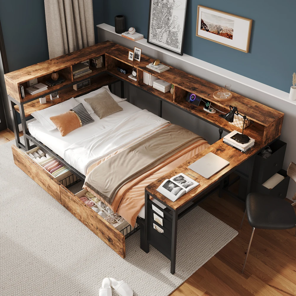 120×200cm Holz- & Metall-Einzelbett, Bettgestell mit 2 Stoff-Aufbewahrungsschubladen, Beistelltisch und Stofftasche, platzsparendes Bett mit Stauraum unter dem Bett für Schlafzimmer, Kinderzimmer,