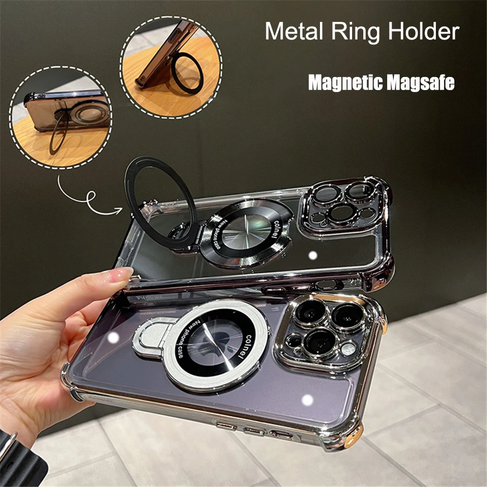 Metal Ring Holder Stand Magnetic for Magsafe Phone Case For iPhone 15 11 12 13 14 Pro Max Plus Luxury Plating Transparent Cover