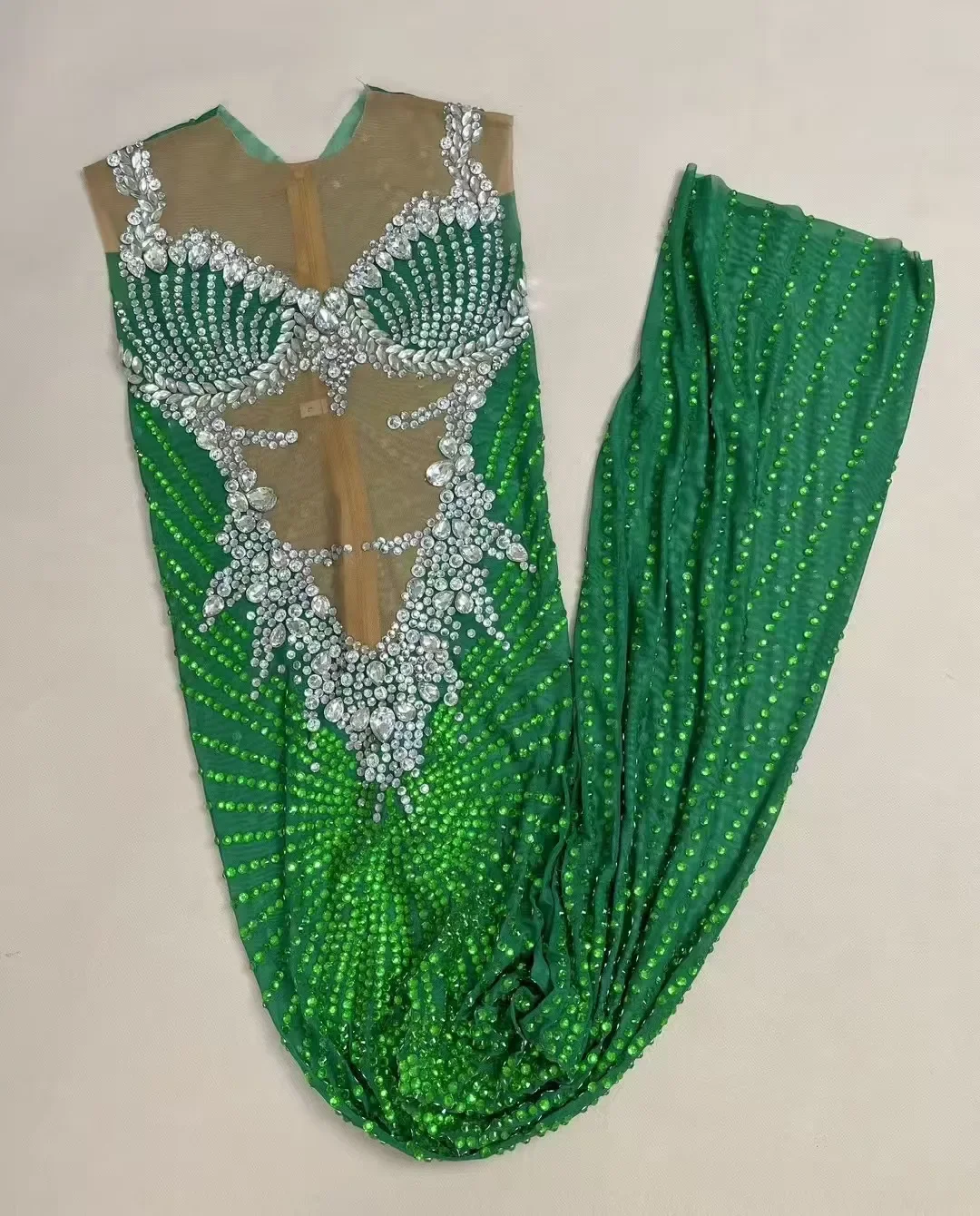 Evening Birthday Celebrate Party Dance Performance Photoshoot Costume Women Sparkly Rhinestones Transparent Green Gold Dress