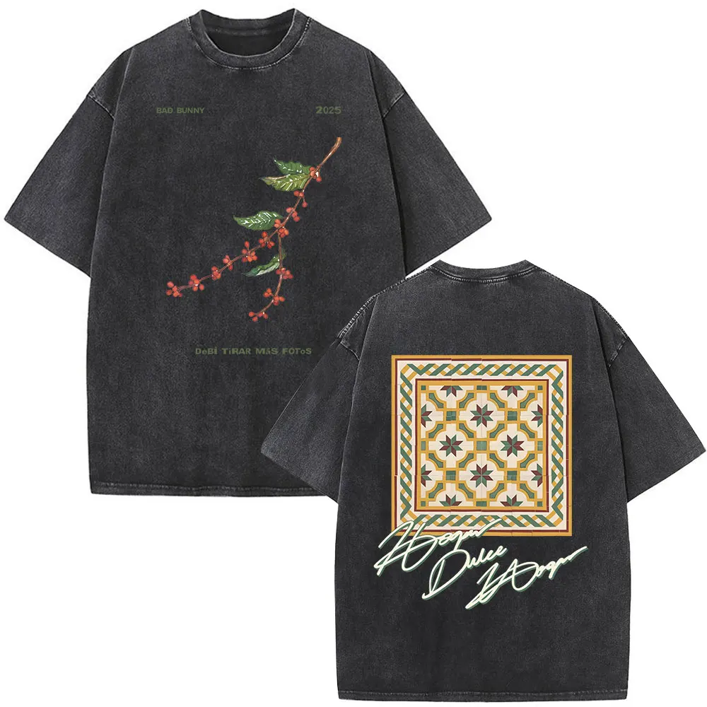 Camisetas Vintage lavadas Bad Bunny DTMF Coffee Branch Merch, camiseta Debi Tirar Mas Fotos, camisetas de gran tamaño de Hip Hop a la moda para hombre