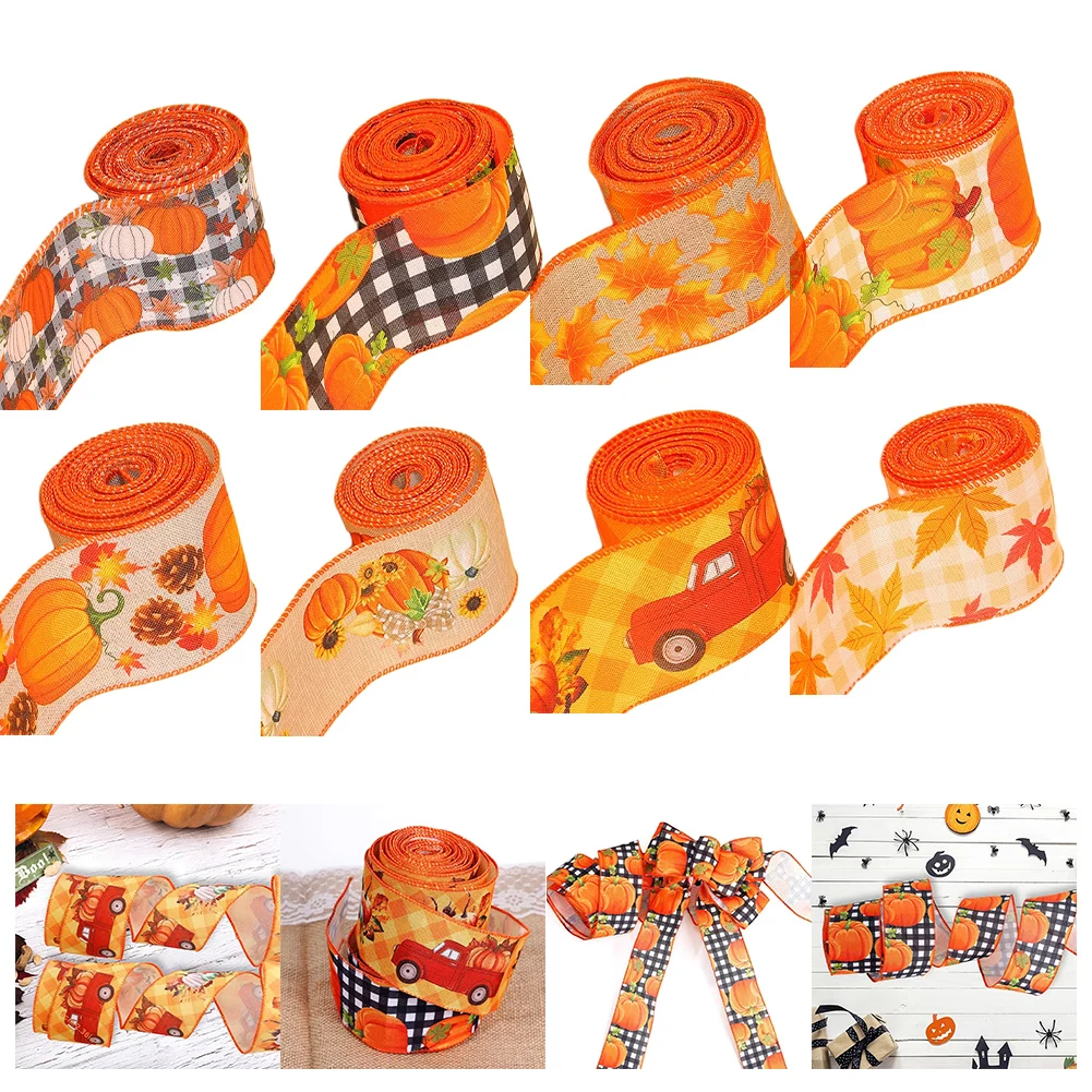 180IN 5Yards Thanksgiving Day Grosgrain/Satin Ribbon Printed Ribbon Autumn Harvest Overlock Ribbon Pumpkin DIY Craft Decoration