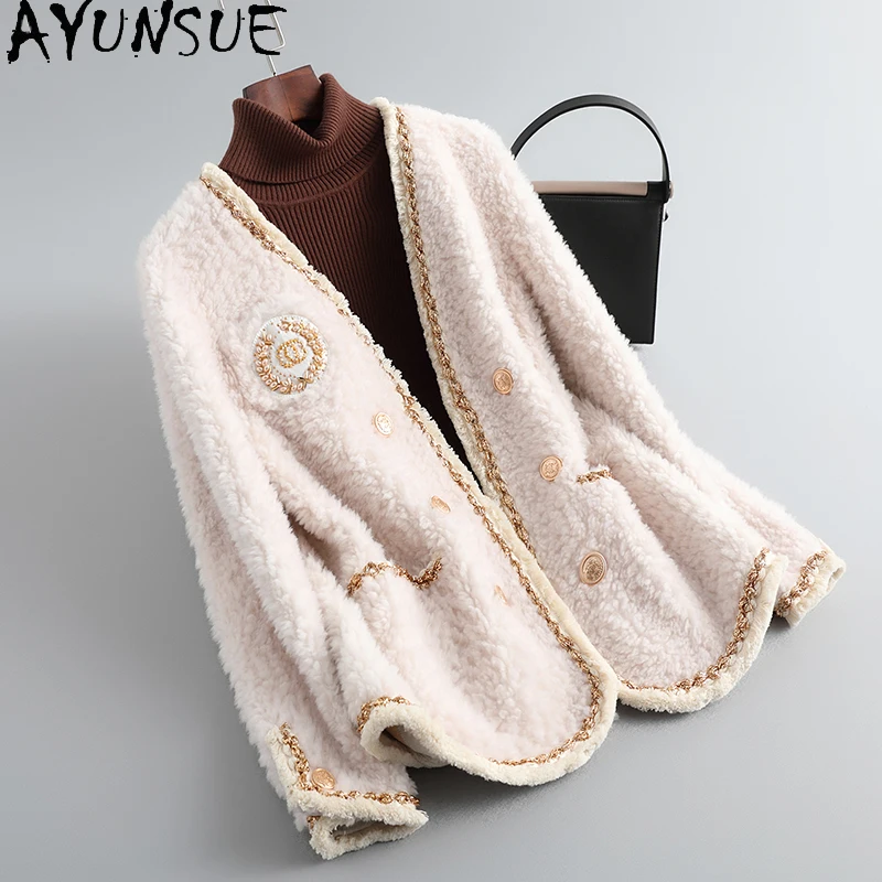 

AYUNSUE New Elegant 100% Sheep Shearing Jacket for Women 2023 Autumn Winter Fashion Wool Coats Womens Fur Coat Manteaux Femme