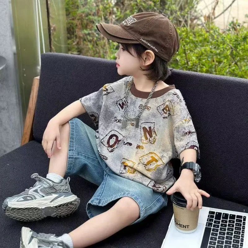 

2026 New Boys' Summer Short Sleeve T-shirt Shorts Baby Denim Shorts Two Piece Set Kids Outfits 90-150cm