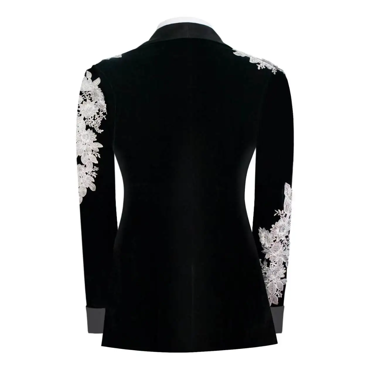 Black Men Suits Set 2 Pcs Blazer+Pant Trousers Crystals Flower Wedding Tuxedos Cotton Formal Office Groom Prom Coat Jacket