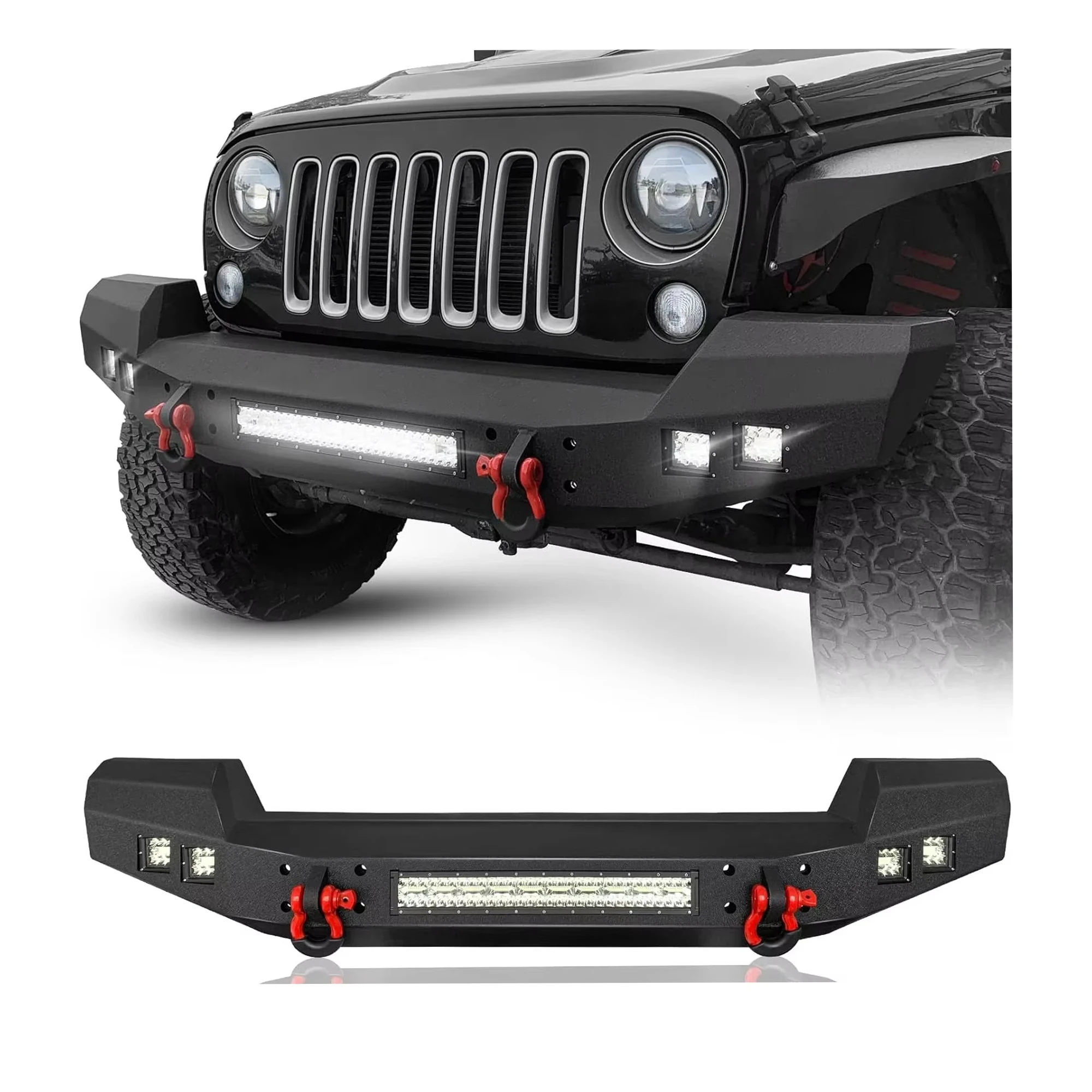 

Factory Price OEM Full Width Front Bumper Fit 2007-2024 Jeep Wrangler JK JL JKU JLU Unlimited Off-road Bumper Built-in LED Light