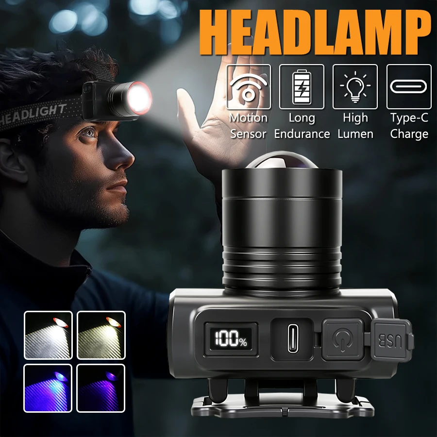 

Сенсорный налобный фонарь, 4-светодиодный налобный фонарик, мощный налобный фонарь, встроенный аккумулятор, USB перезаряжаемый фонарь для рыбалки и кемпинга