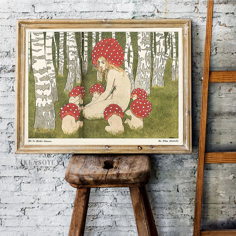 Mother Mushroom With Her Children Vintage Art Print Poster Wall Picture Woodland Kids Room Decor Antique Forest Canvas Painting