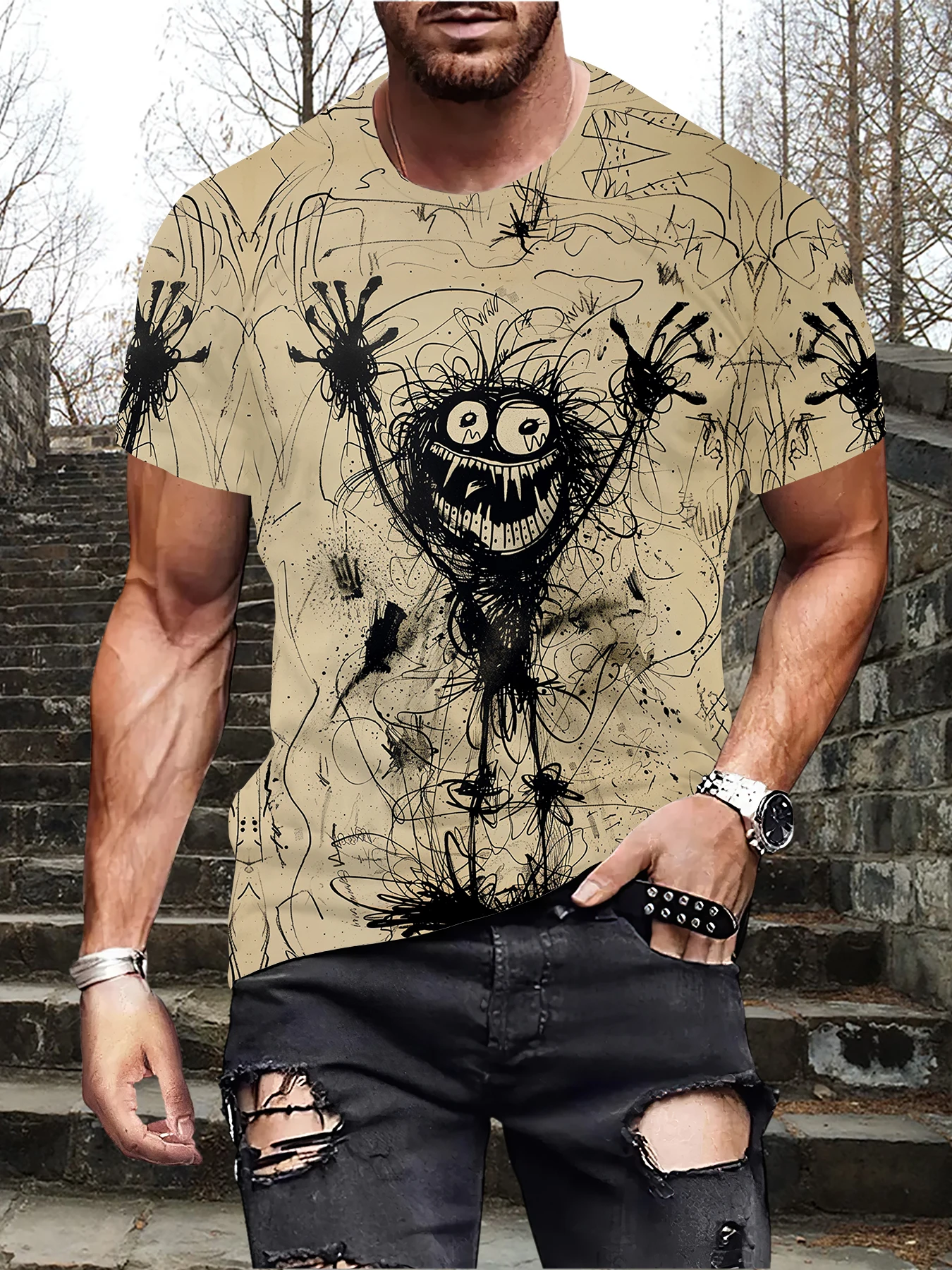 Men's Retro Sketch Style Cheering Monster Illustration Print T-shirt Crew Neck And Short Sleeve Tee, Summer Tops For Street Wear