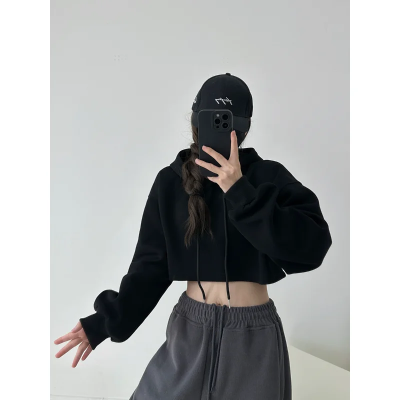 캐주얼 아메리칸 스타일 후드티 여성용 트렌디 스트리트 하이웨이스트 크롭탑 루즈핏 엘레 스타일 겨울 아우터