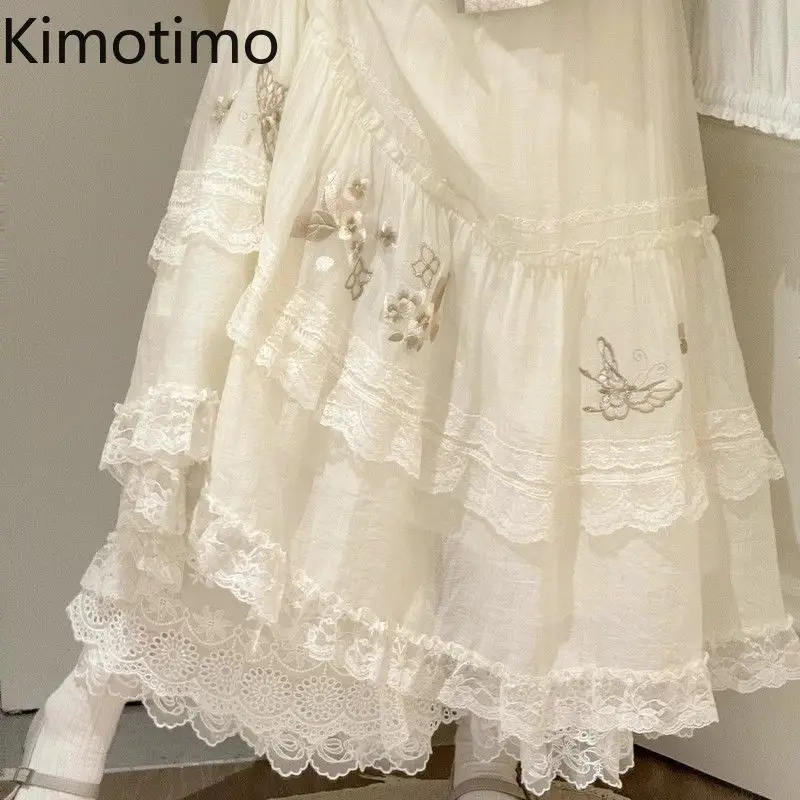 

Kimotimo Mori Girl Sweet Embroidery Lace Splicing Skirt Spring New Elastic Waist A-line Skirts Fairy Versatile Y2k Faldas Юбка