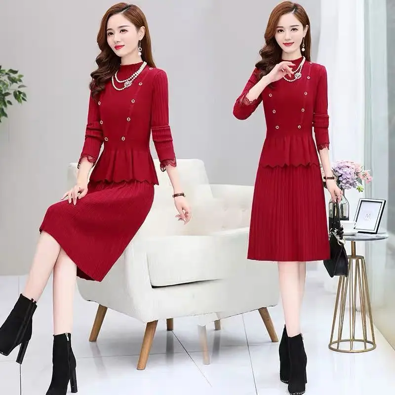 

Woman New Knitted Sweater Two-Piece Vestidos Set Female Winter Sleeveless Vest Top and Base Knit Long Dresses Thick Suit G650