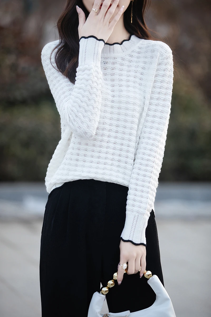 Spring new 100% pure cotton knitted lace ruffle collar with elegant and soft hollow design cuffs, unique women's round neck top