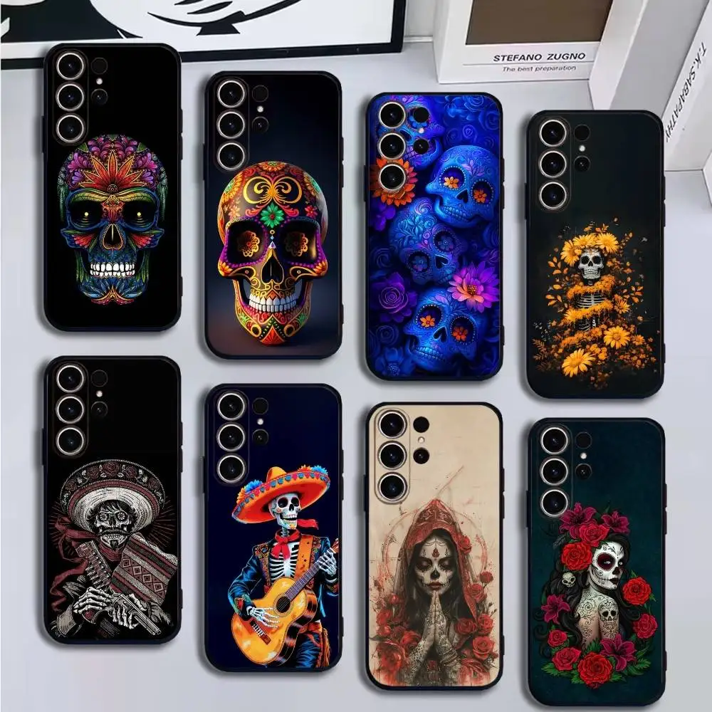 

Mexican Catrina Skull Phone Case For SamsungS25,24,21,22,23,30,Ultra,20,Plus,Fe,Lite,Note,10,9,Soft Black Cover