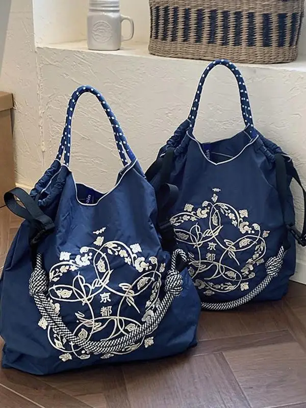 

Холщовая сумка с вышивкой, сумка через плечо, женская корейская японская повседневная сумка с открытым верхом и цветочным узором