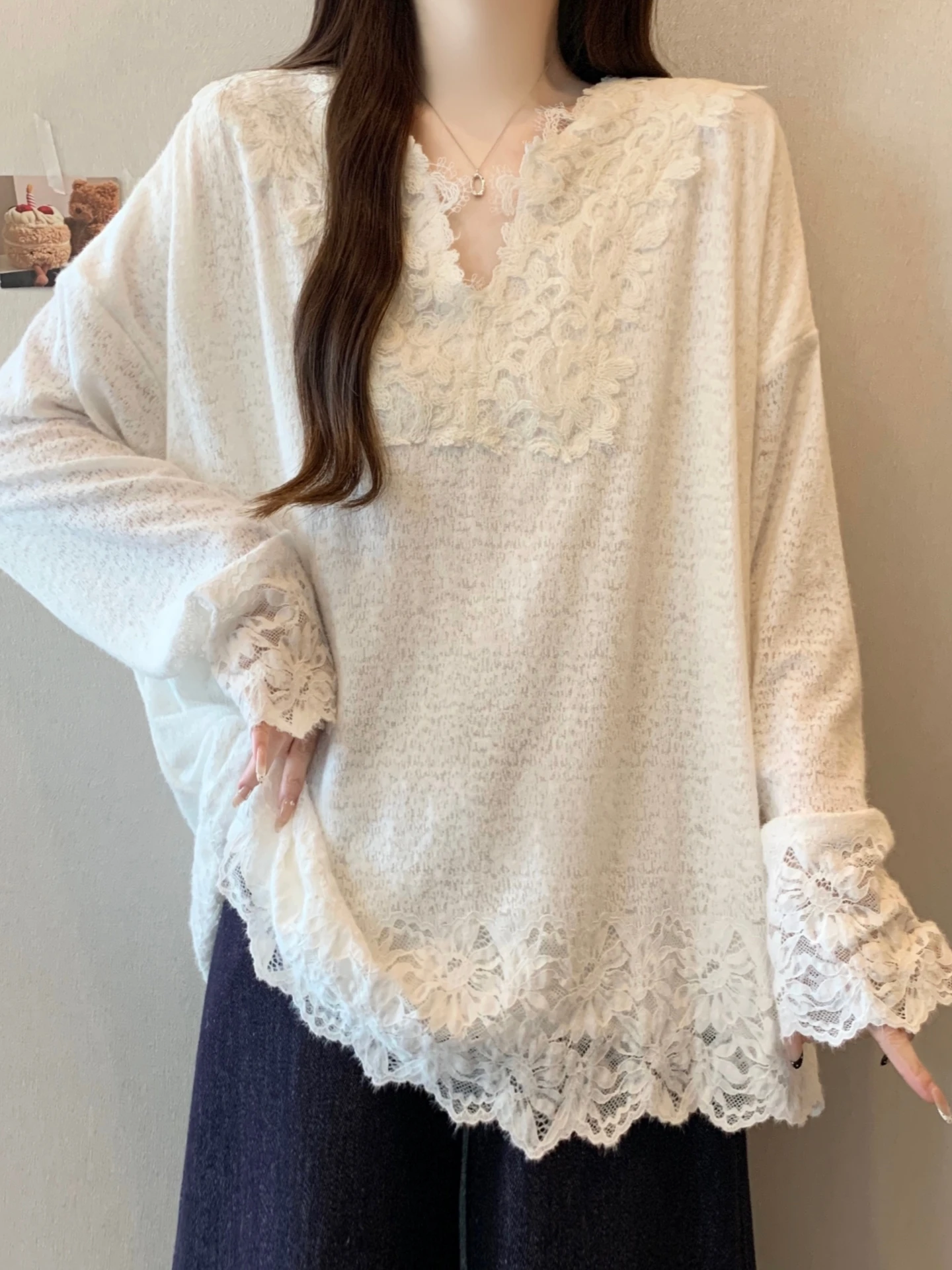 Thickened Fleece Long Sleeve Lace Splicing Base Shirt Women's Spring Autumn plus Size Unique Personality Top Korean Style Cas...