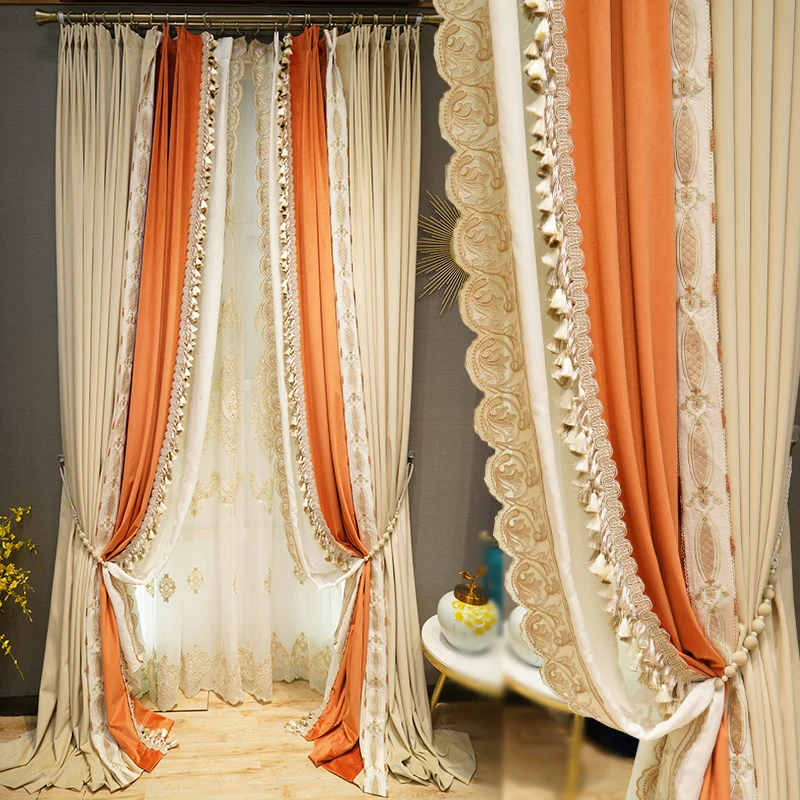 

Custom curtains European orange stitching beige thick flannel embroidered velvet cloth blackout curtain valance tulle drape C915