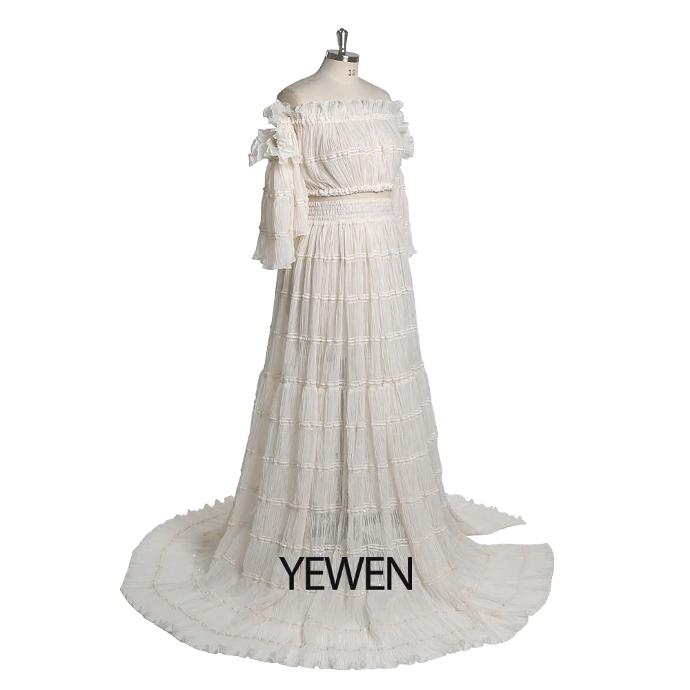 Elegant Two Piece Off The Shoulder Gown Maternity Dress for Photo Shoot with Side Slit Boho Maternity Gown for Baby Shower YEWEN