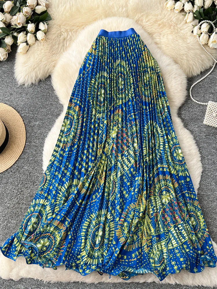 Femmes rétro imprimé taille haute minceur a-ligne jupe plissée mi-longue vacances bord de mer Style grande balançoire déplacements faldas SK081