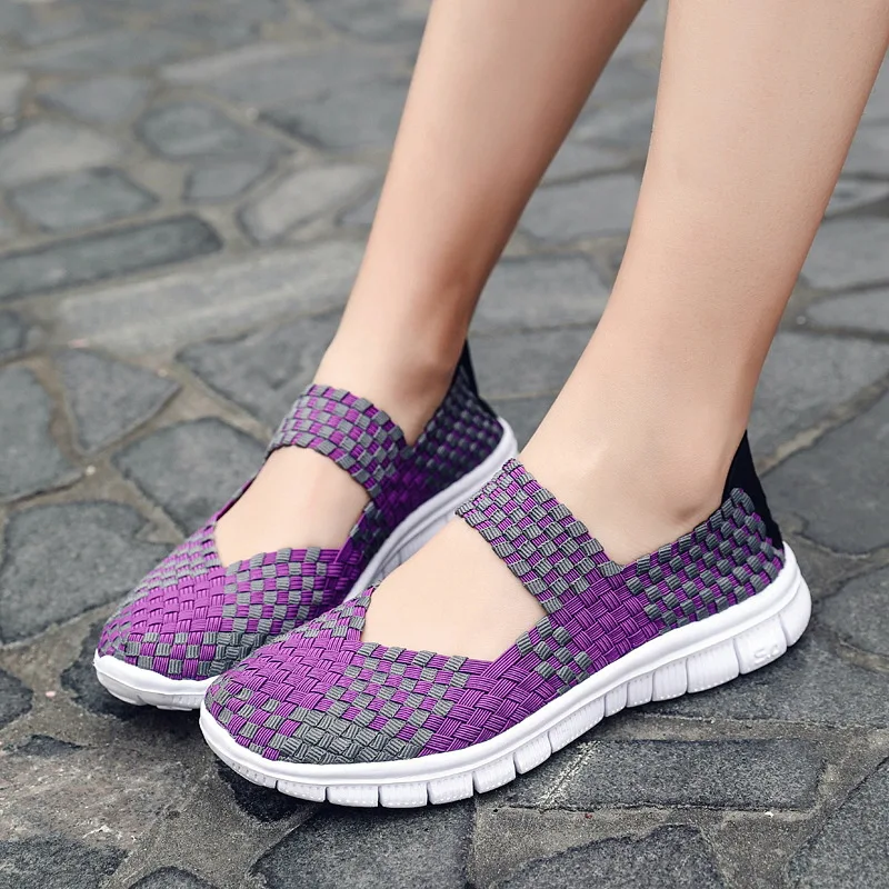 Versatile Lightweight Sneakers Women 2024 Fashion Woven Elastic Casual Shoes Plus Size Colorful Flat Shoes Breathable Zapatillas