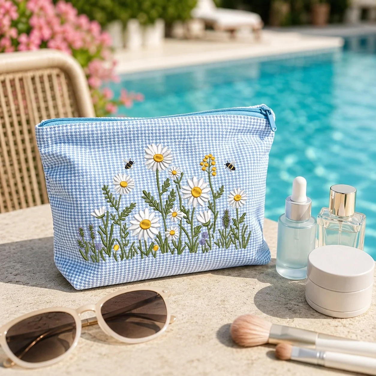 Daisy Embroidered Gingham Cosmetic Bag, Large Zipper Makeup Toiletry Pouch for Women, Beach Vacation Travel Organizer