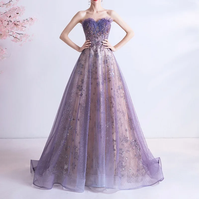 

Graduation evening dress 2026 new sexy tube top purple sequined starry sky dress wedding bride art test performance dress