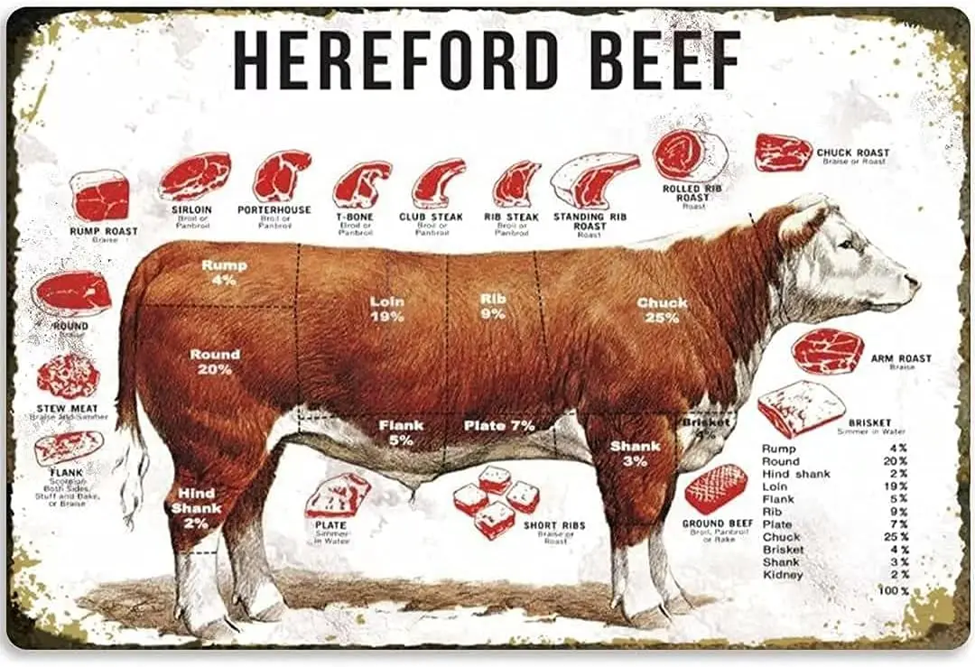 Placa de Metal Vintage de Alumínio com Cortes de Carne Bovina Hereford para Decoração de Casa, Parede, Garagem e Caverna do Homem