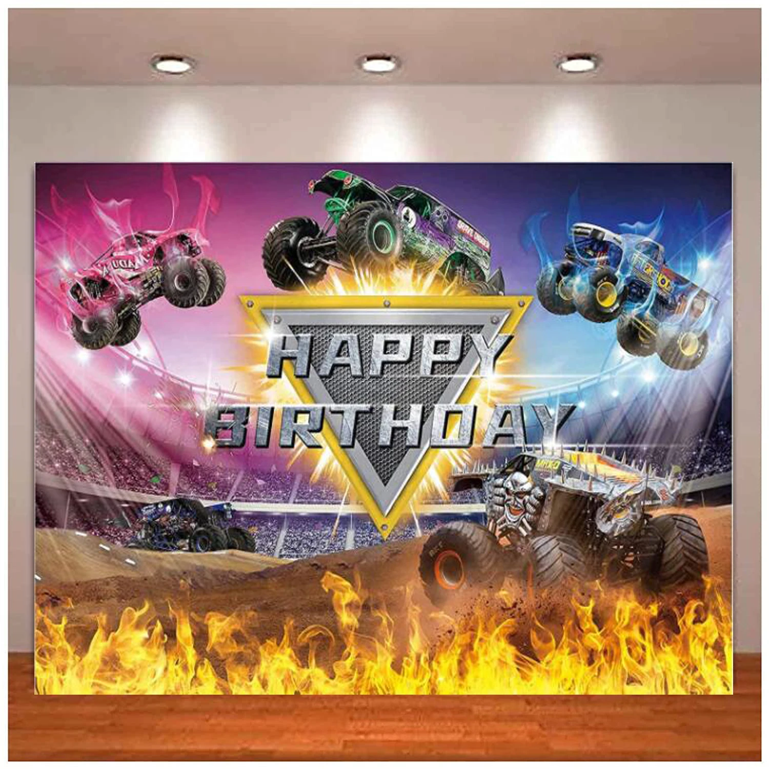 

Monster Car Truck Birthday Party Photography Backdrop Cars Racing Arena Burning Flame Background For Baby Boy Cake Table Decor