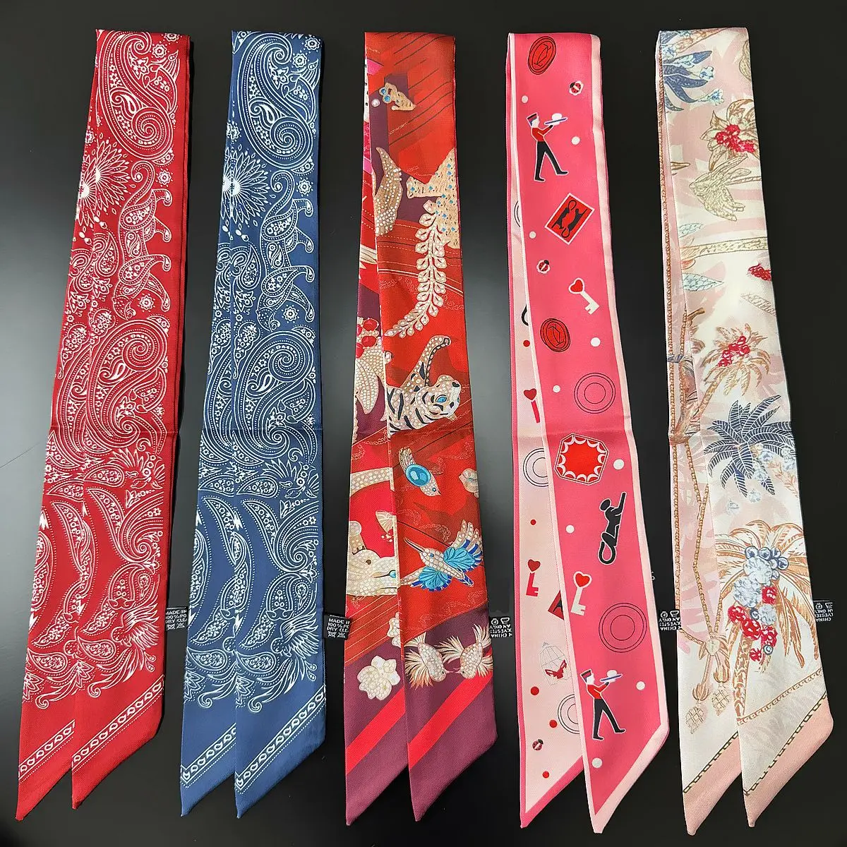 Nueva llegada: Cinta de seda para el pelo, diadema, pañuelo con estampado de cachemira, banda para el pelo larga, collar, accesorio estrecho para decoración de bolsos