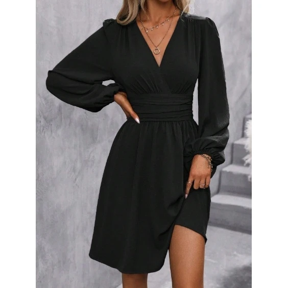 秋冬レディースハイウエストランタンスリーブガウン独立系サイトサイドネデザインロングスリーブデート用