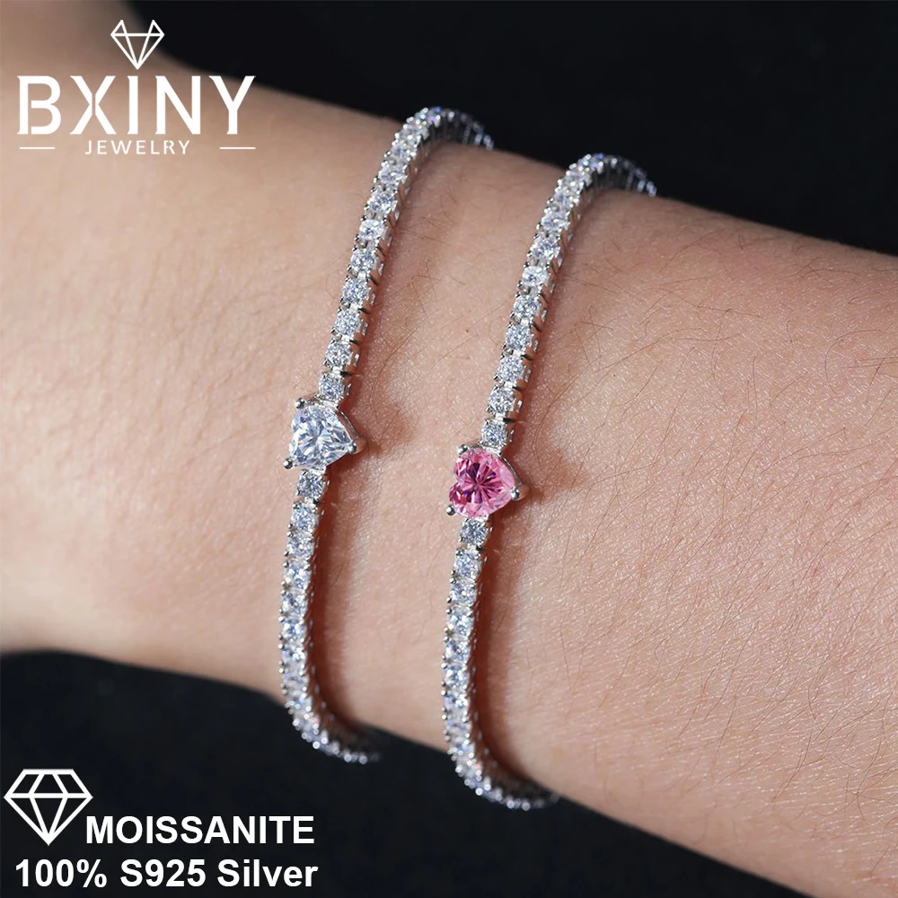 

BXINY 5mm Heart Cut All Moissanite Tennis Bracelet 925 Sterling Silver for Women Certified Diamond Hand Chain Party Gift Jewelry