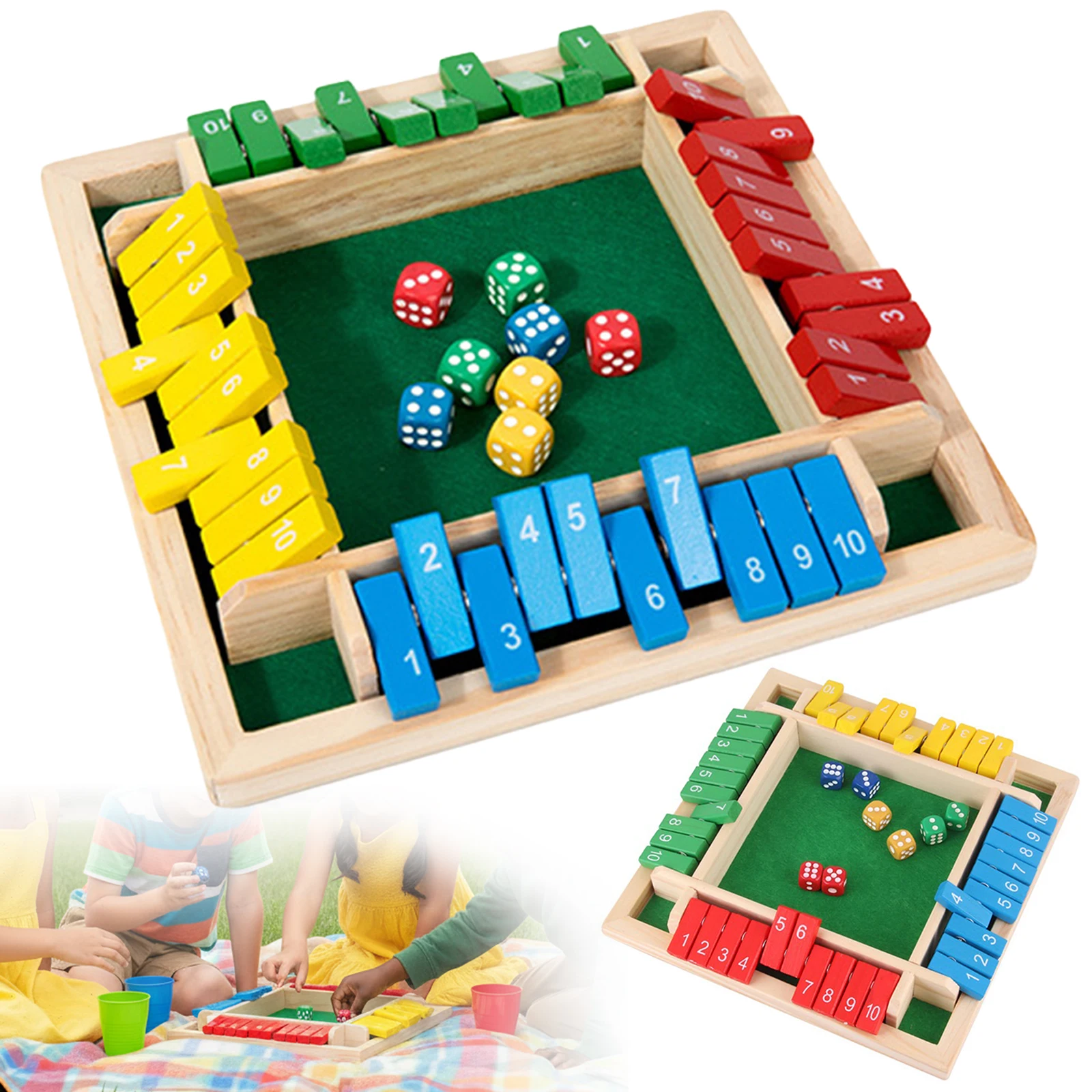 Shut The Box Würfelspiel Vierseitiges Flip-Kartenspiel Reisegröße 4-Spieler-Klappwürfelspiel für Klassenzimmer, Zuhause, Party oder Kneipen