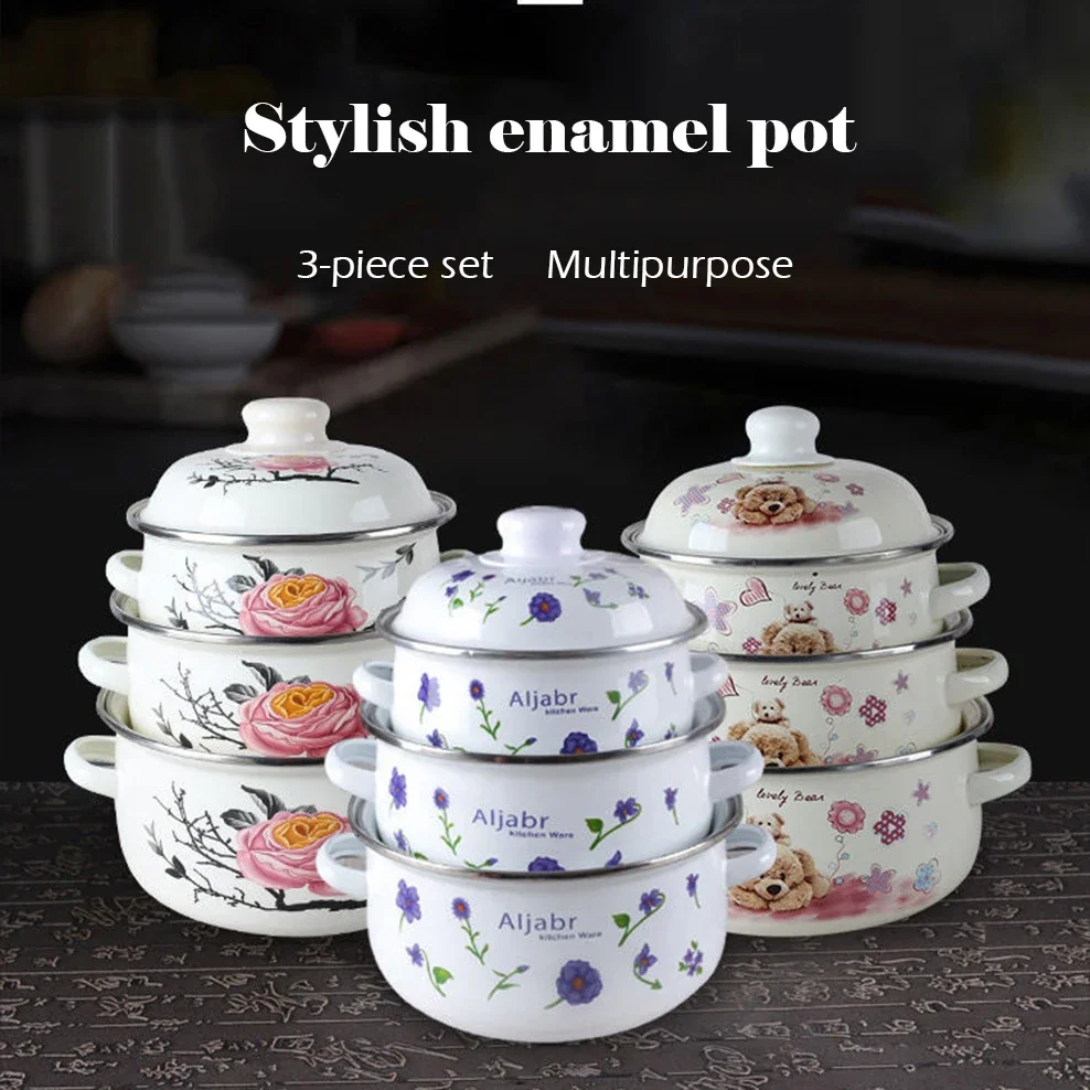 3-Piece Set Enamel Pot Double-Eared Non-Stick Pan Universal Induction Cooker Thickened Enamel Soup Pot Tureens Home Kitchenware