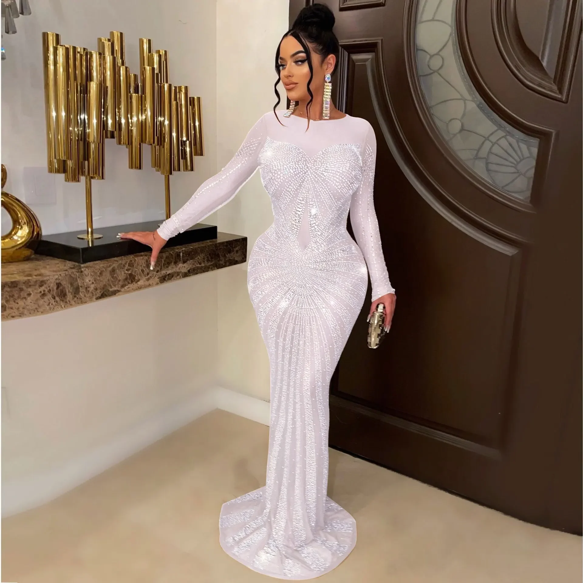 Sukienka damska Sukienki o długości do podłogi Okrągły dekolt Suknia imprezowa z pełnym rękawem Gorące wiercenie Hip Wrap Sexy Vestidos Wieczór Slim Fit — zdjęcie 5
