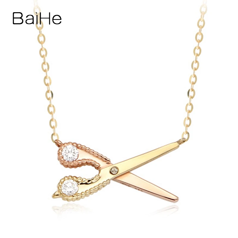 

BAIHE Solid 14K Yellow+Rose Gold 0.102ct H/SI Natural Diamond Scissors Necklace Women Men Wedding Fine Jewelry שרשרת מספריים