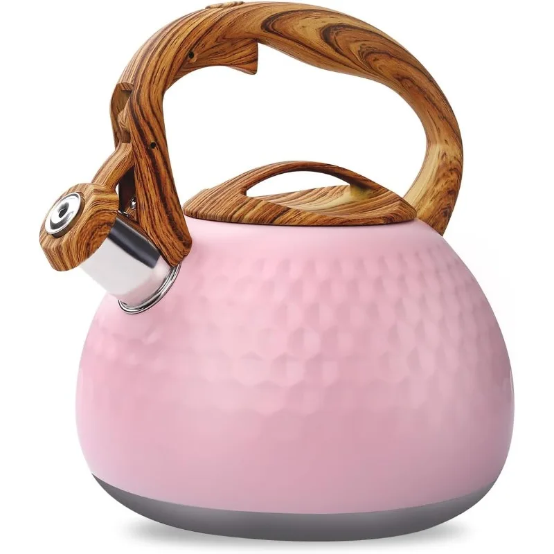 

2.7 Qt / 3 L Stainless Steel Teapot Teakettle with Smooth Wood Pattern Handle for Hiking Picnic, Pink Gift,Teapot for Coffee,Tea