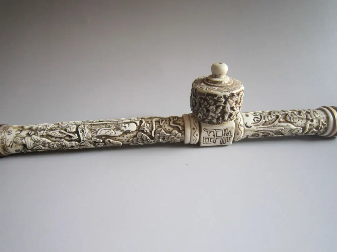 Collectibles Decorated Chinese handwork Carved Dragon old long smoking pipe