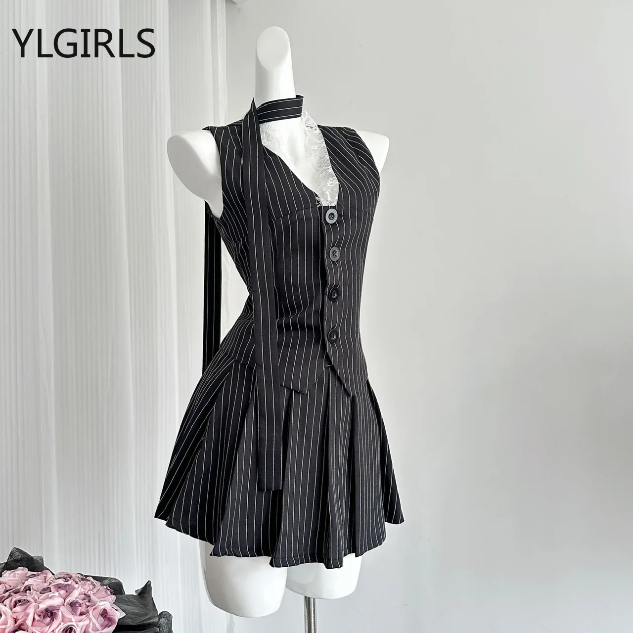 Vintage Korean Retro High Street Lace Stitching Vest with Scarf + Pleated Mini Skirt Stripes Suit 2 Pieces Sets Y2k Suit