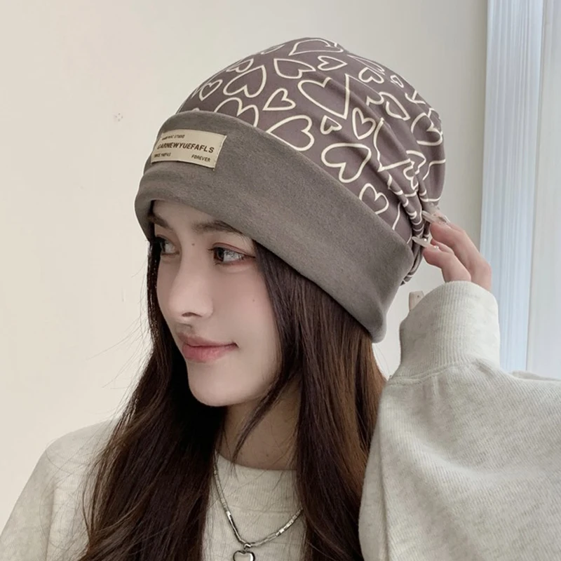 

Heart Print Beanies for Women Thin Plush Love Pullover Cap Keep Warm Windproof Ear Protection Pile Hats Outdoor Cycling Skullies