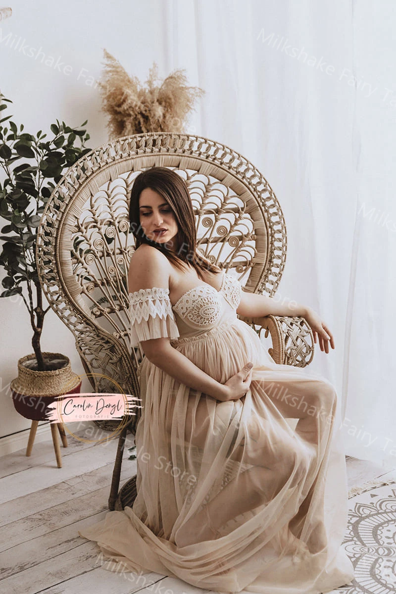 Boho Champagne Maternity Photography Robes Sexy See Thru Lace Pregnant Women Dresses Floor Length Swwetheart Baby Shower Gowns