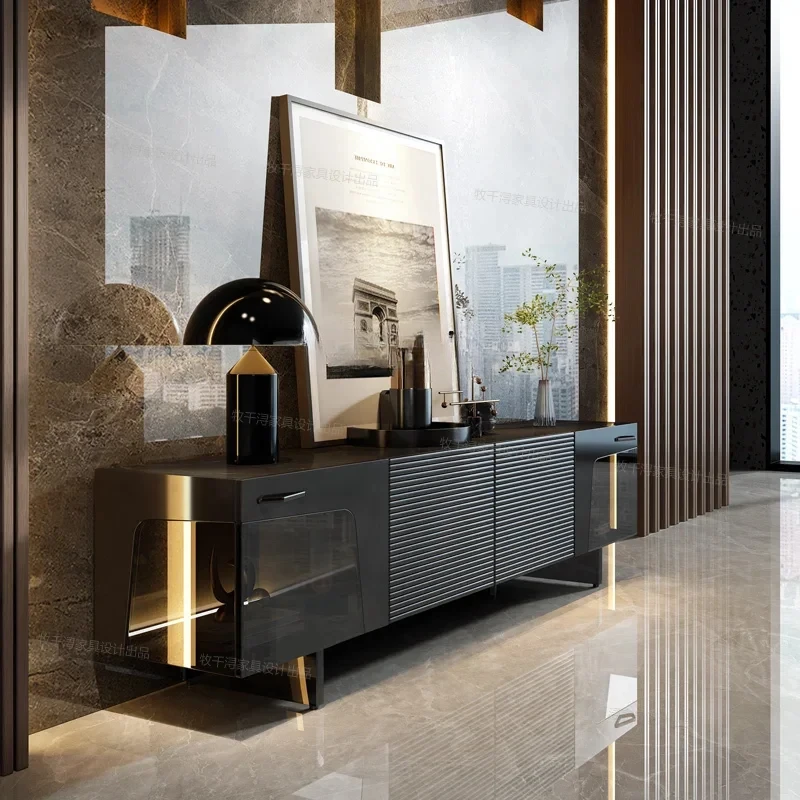 

Italian TV Cabinet Villa Living Room Black Suspended Storage Stone Plate Floor Cabinet with Lights