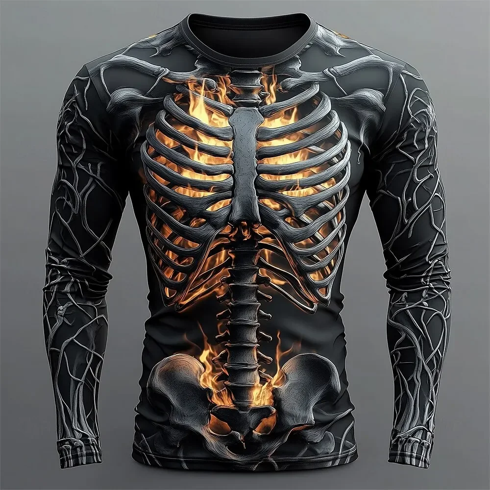 Herren Skelett-Totenkopf Grafik T-Shirt 3D-Druck Unisex Langarm Rundhals T-Shirt Horror Party Streetwear Jungen Halloween-Kostüm