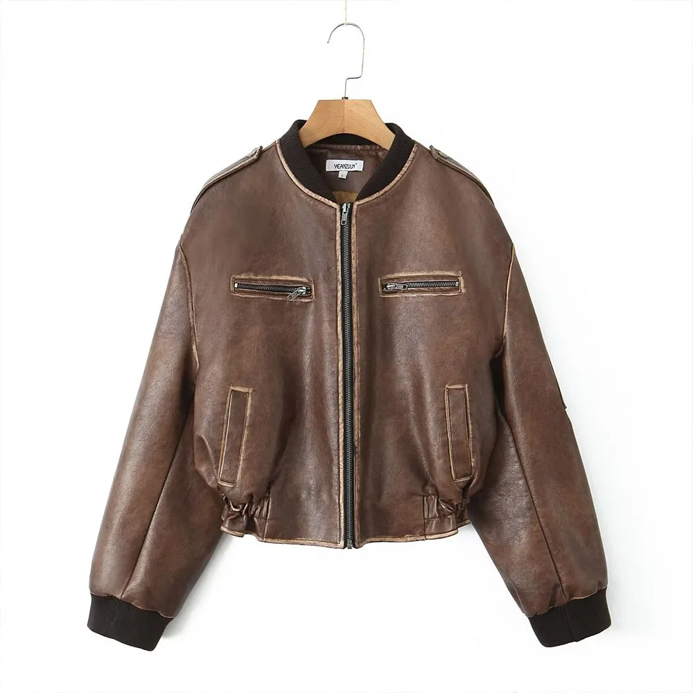 Autumn 2024 women\'s new fashion, leisure, slim and versatile retro brown long-sleeved leather jacket.