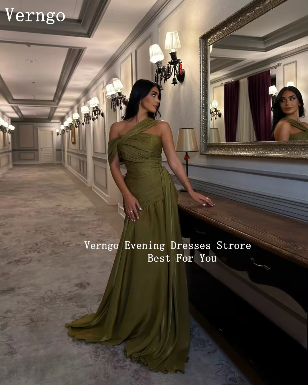 Verngo groene glanzende satijnen avondjurk één schouder zeemeermin formele gelegenheidsjurk elegante galajurken op maat