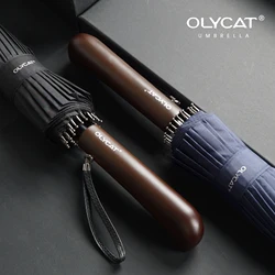 OLYCAT-guarda-chuva longo reto com cabo de madeira forte para homens e mulheres, guarda-chuva à prova de vento, marca comercial, fibra glassfiber, 24k