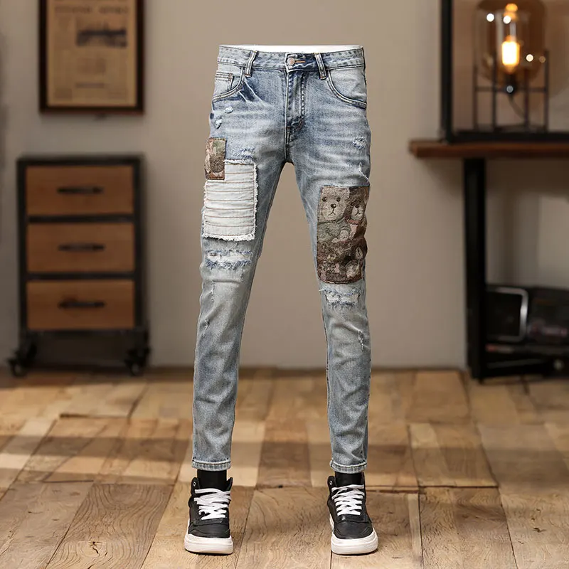 

Street style fashionable elastic men's jeans retro light blue slim fit slit jeans men's patch designer hip-hop denim pants Hombr