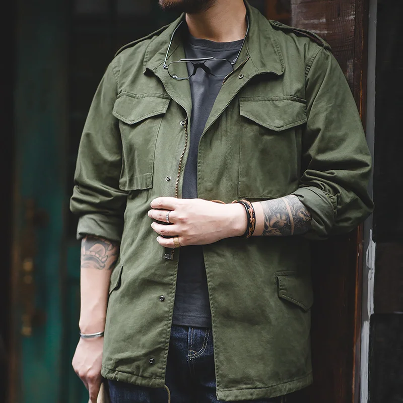 Maden jaket militer M65 untuk pria, jaket militer ukuran besar hijau, jaket Vintage kasual, jaket Windbreaker kerah Lapel Solid dengan saku mantel