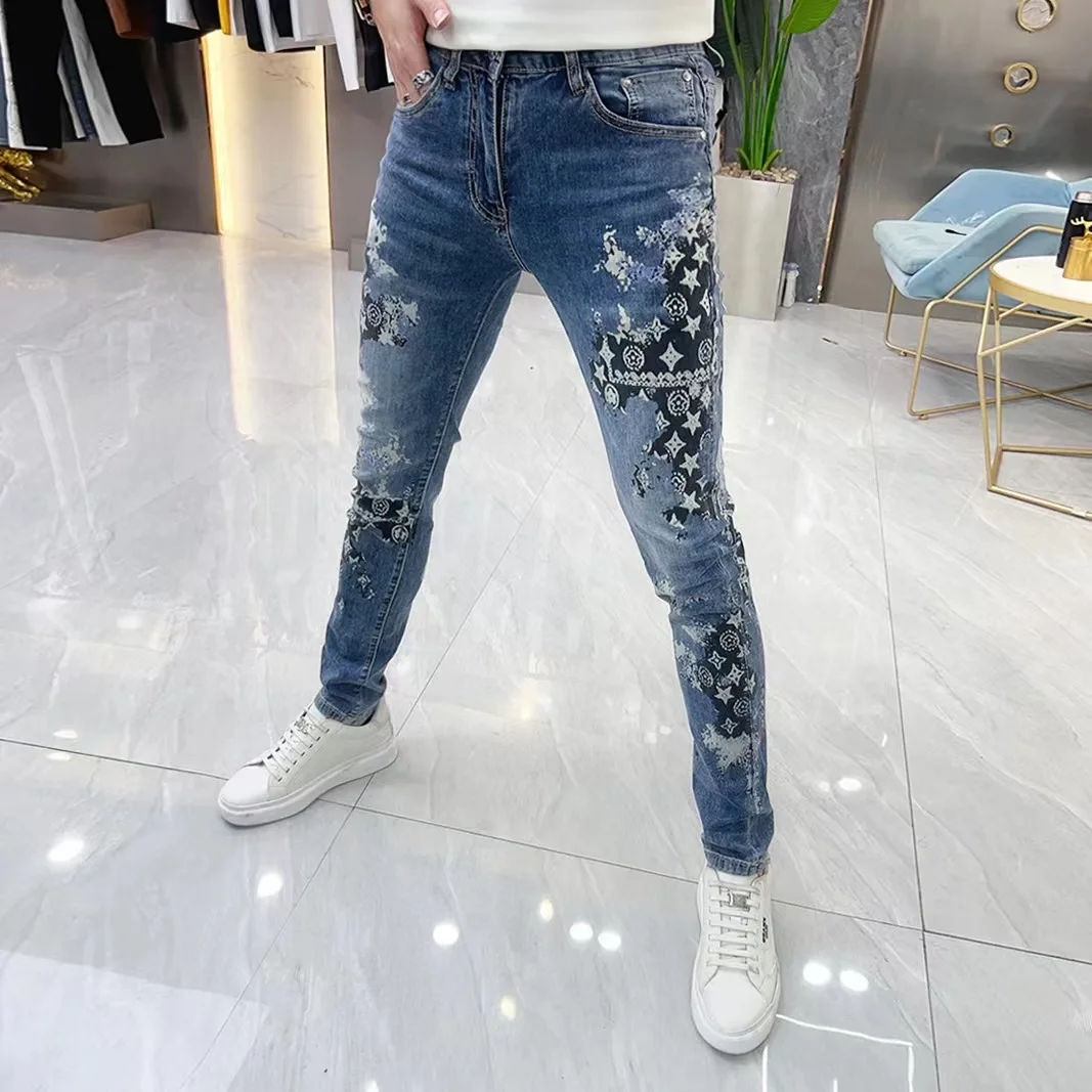 Fashion Men Casual Pants Stretch Prited Jeans Skinny Work Trousers Male Wash Slim Fit for Zippered Hip Hop Jeans Men Clothing